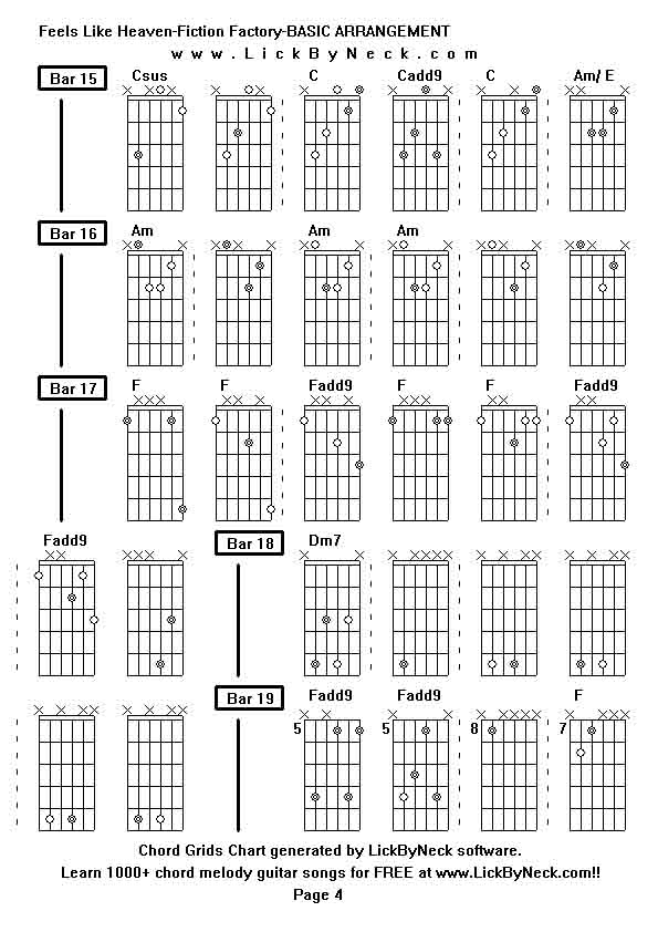 Chord Grids Chart of chord melody fingerstyle guitar song-Feels Like Heaven-Fiction Factory-BASIC ARRANGEMENT,generated by LickByNeck software.